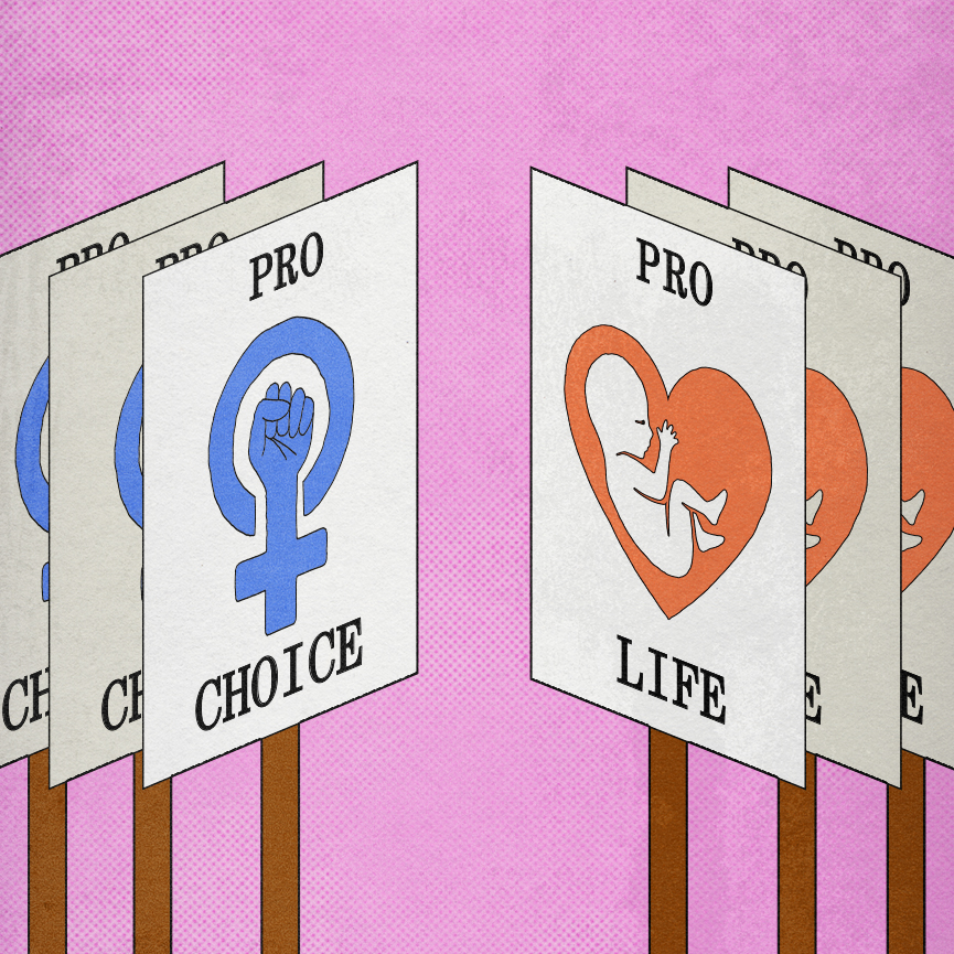 On the left of the image, numerous signs with the text "Pro Choice" and a blue female symbol with fist are opposed against numerous signs with "Pro Life" and a fetus in a red heart symbol on the right of the image.